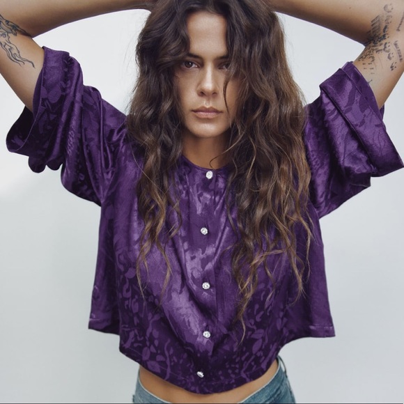 NWT Zara Purple Jacquard Cropped Blouse - Picture 2 of 10